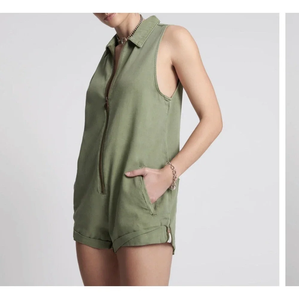 One Teaspoon $189 Romper Jumpsuit Super Green Khaki Mini Braxton Utility XS